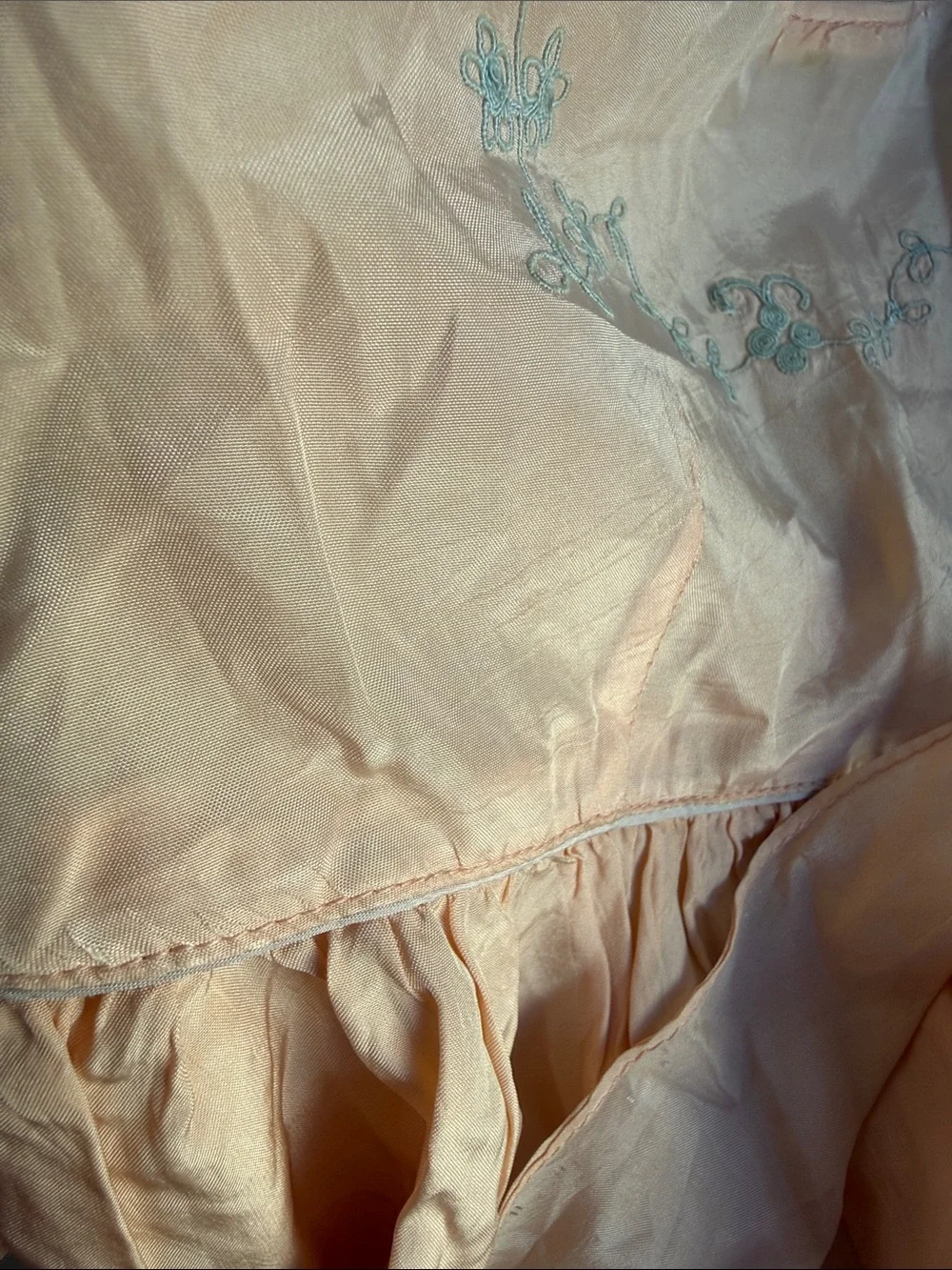 Antique 1920s Silk Child Dress Cutter Textile Peach Blue Embroidery Craft Doll F